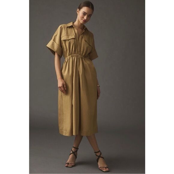 NEW Anthropologie Maeve Taupe Utility Gathered Maxi Shirt Dress Large Petite - Picture 1 of 10